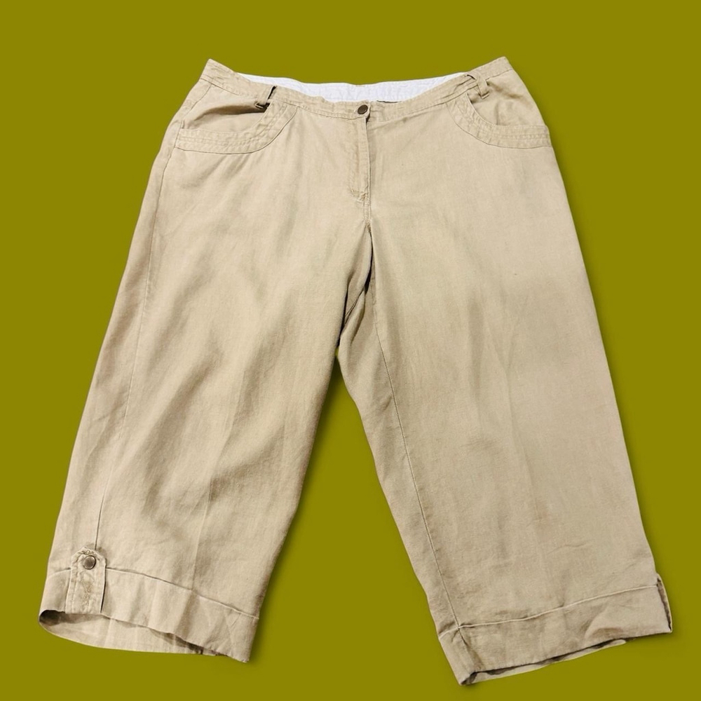 Avenue Linen Blend Cropped Pants Beige Khaki Capri Button Hem Women’s 16 Average